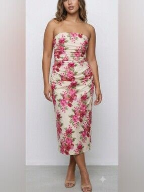 Anthropologie Soleil Floral Strapless Ruched Midi Dress Size M